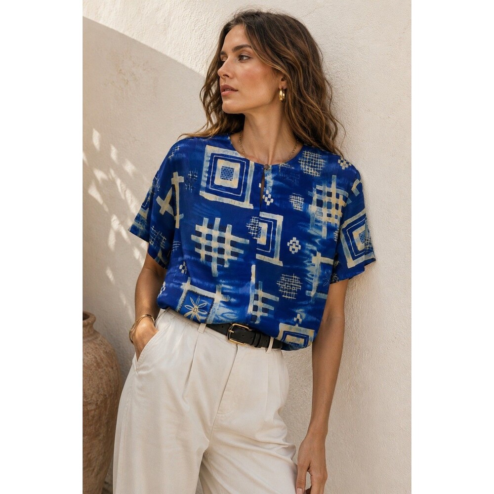 Vintage S.L.B 100% Silk Abstract Geometric Print Blouse Top Blue Cream Size 3